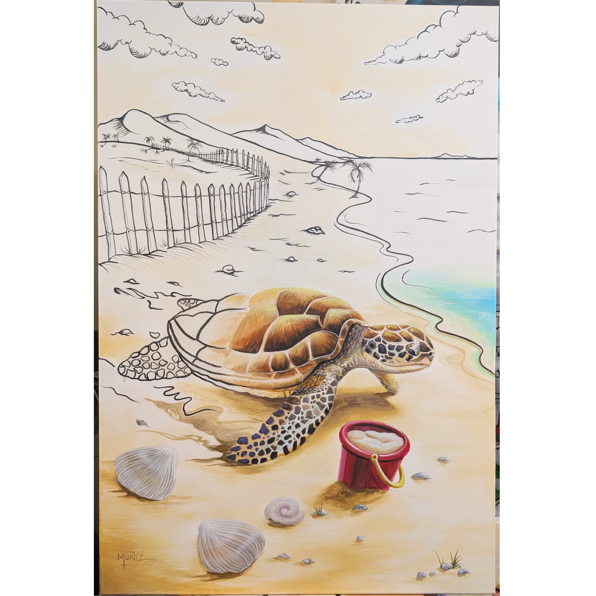 Sea turtle painting titled “2D 2 3D Turtle