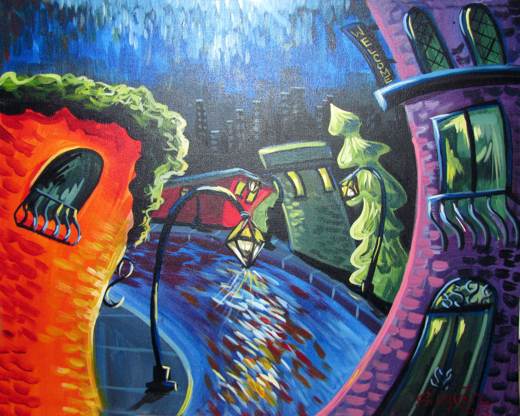 Abstract Cityscape Wall Art – Swaying Buildings Midnight Welcome