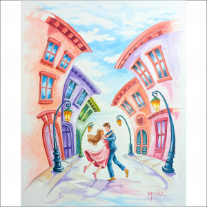 romantic couple dancing painting colorful city street whimsical love artwork 18x24 canvas