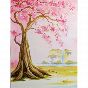 cherry blossom painting titled Blush of Serenity, showing soft pink blossoms with a calm natural presence with expressive brushwork and color